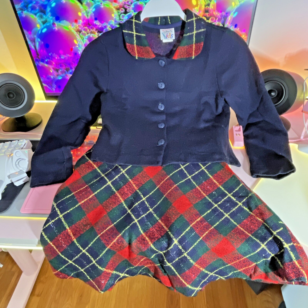 Vintage Talbots Sweater Skirt Kids Girls Two Piece LS Blue Red Plaid Silver Set